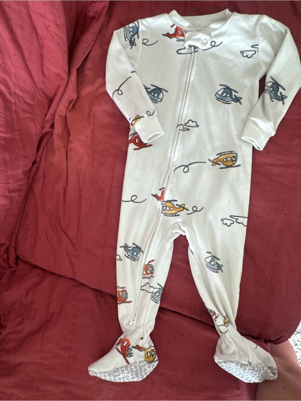 Carter's White Footed Pajamas with Red, Blue & Yellow Helicopters